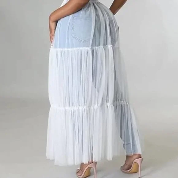 New White Mesh See-Through Shirt Long Dress with Belt V Neck Button Down - Picture 6 of 8